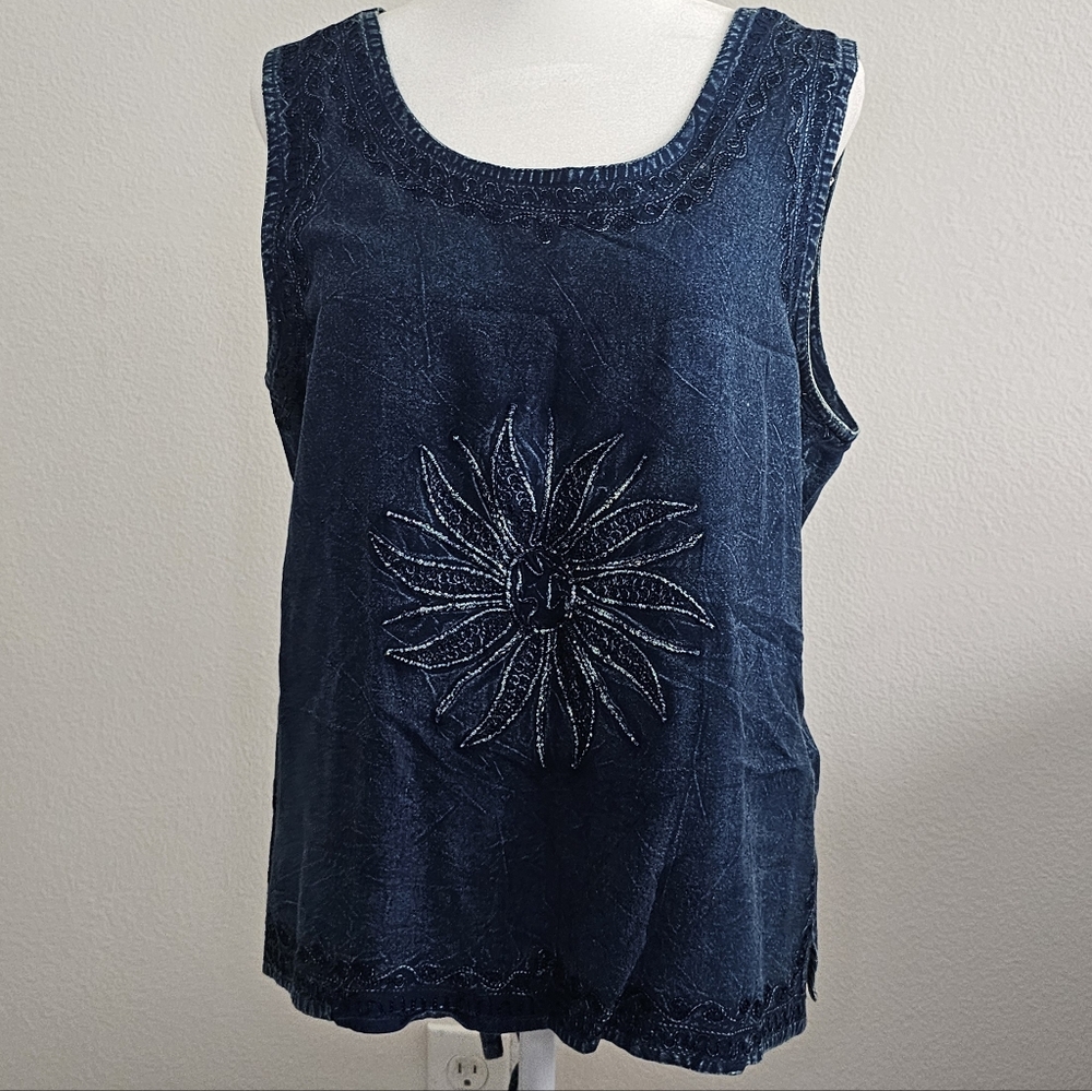 Mandala Boho Western Embroidered Flower Soft Denim Sleeveless Tank One Size